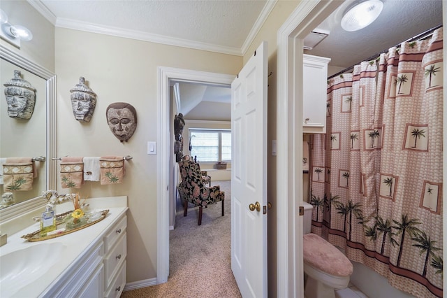 full bathroom with shower / bath combination with curtain, vanity, toilet, crown molding, and a textured ceiling