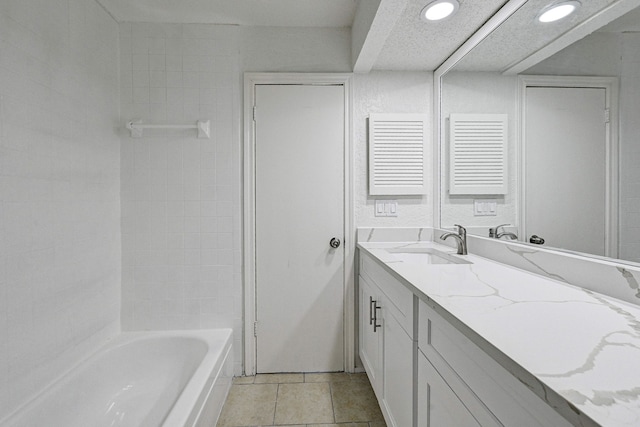 full bathroom featuring recessed lighting, washtub / shower combination, and vanity