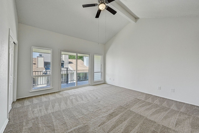2022 Lakewood Ct, Willis, TX 77318 - carpeted empty room featuring high vaulted ceiling, beamed ceiling, and a ceiling fan