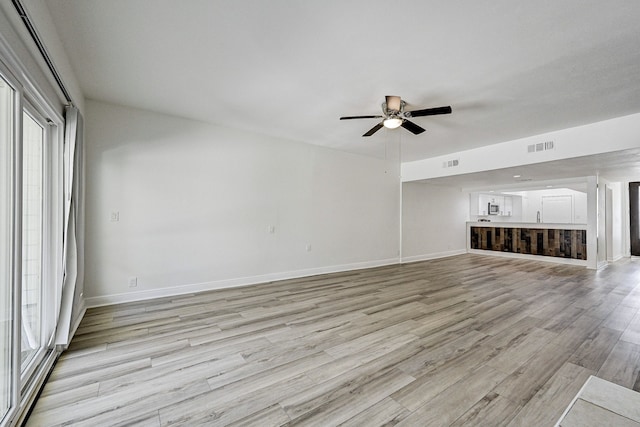 unfurnished living room with visible vents, ceiling fan, light wood-style flooring, and baseboards