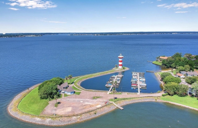 bird's eye view with a water view