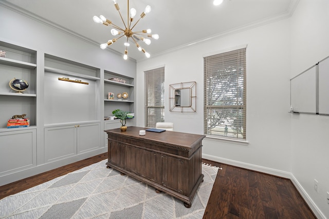 office with crown molding, hardwood / wood-style floors, built in features, and a notable chandelier