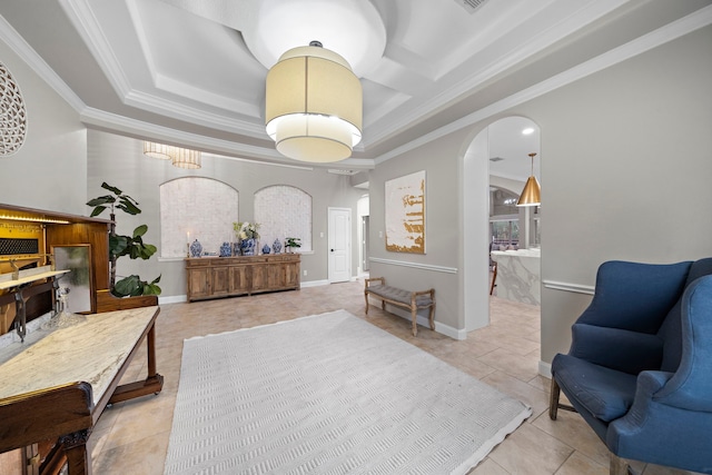 interior space with ornamental molding, coffered ceiling, and light tile patterned floors