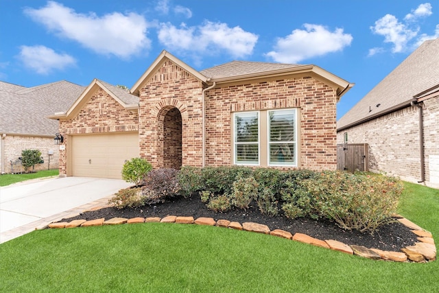 view of front of property featuring a garage and a front lawn