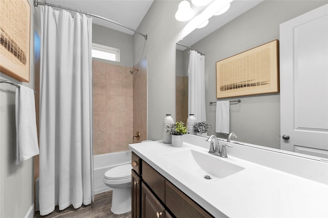 full bathroom featuring shower / bath combination with curtain, vanity, toilet, and hardwood / wood-style floors