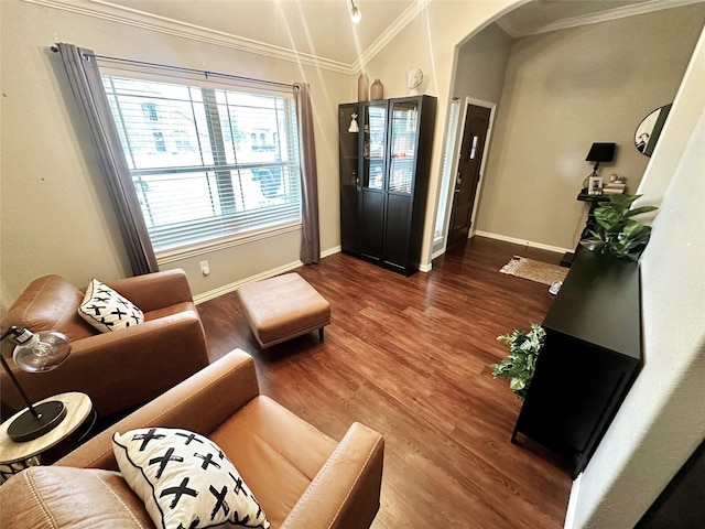 living room featuring dark hardwood / wood-style flooring, vaulted ceiling, and ornamental molding