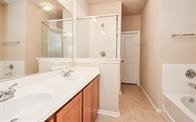 bathroom with independent shower and bath and vanity