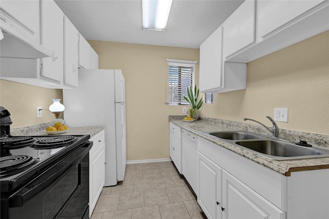 kitchen featuring light tile patterned flooring, sink, white cabinets, white dishwasher, and black range with electric stovetop