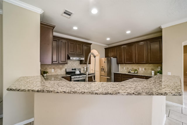 kitchen featuring light stone countertops, ornamental molding, stainless steel appliances, and kitchen peninsula