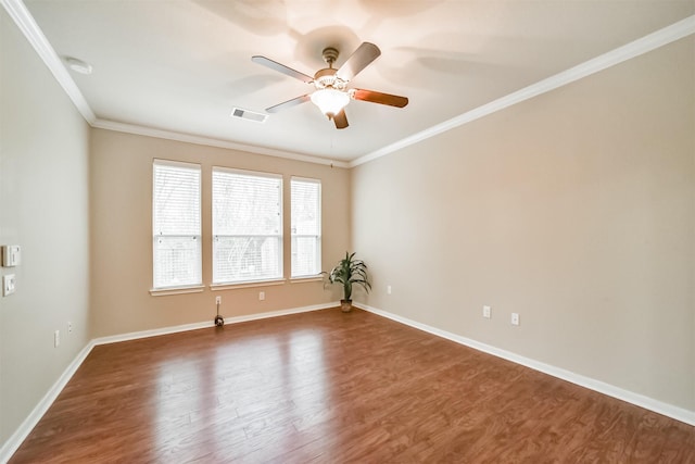 unfurnished room featuring ornamental molding, ceiling fan, and dark hardwood / wood-style flooring