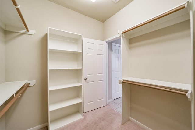 walk in closet featuring light carpet