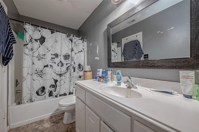 full bathroom with toilet, vanity, and shower / bathtub combination with curtain