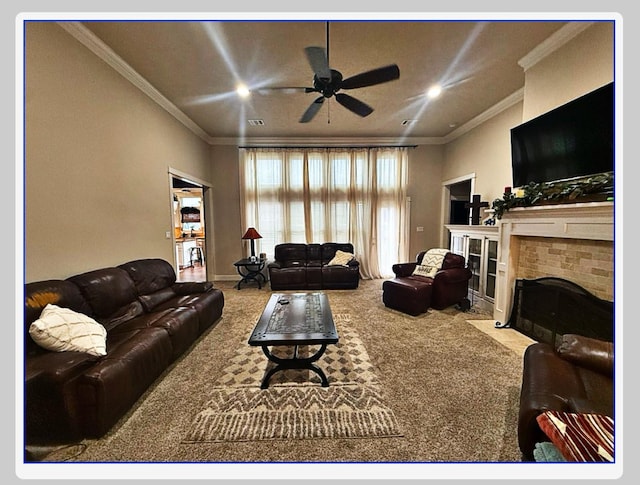 carpeted living room featuring ornamental molding, a textured ceiling, and ceiling fan