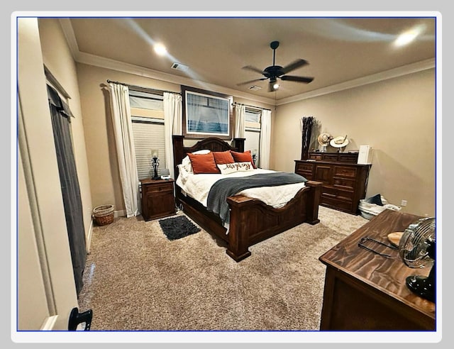 bedroom with crown molding, ceiling fan, and light colored carpet