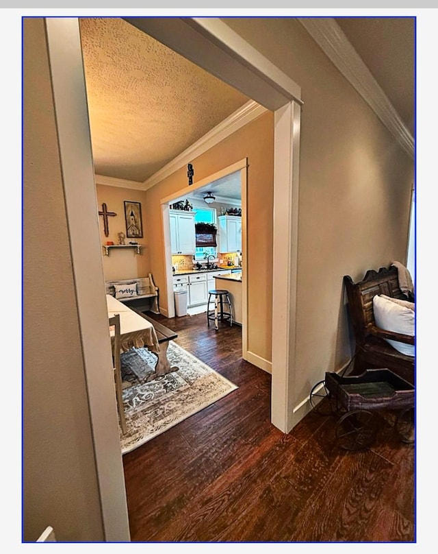 corridor featuring crown molding, dark hardwood / wood-style floors, and a textured ceiling