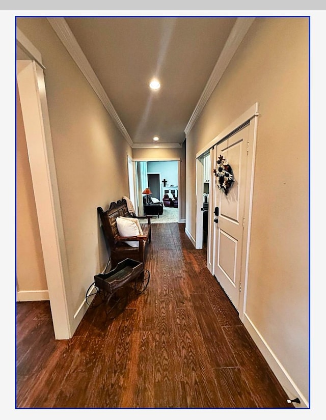 corridor featuring crown molding and dark wood-type flooring