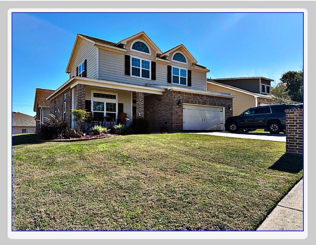 view of front of house featuring a garage, a front lawn, and a porch