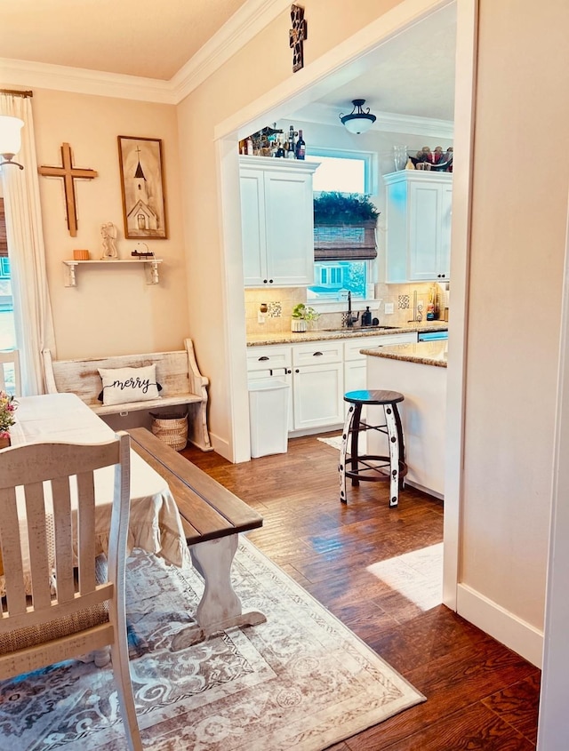 interior space featuring wood finished floors and crown molding