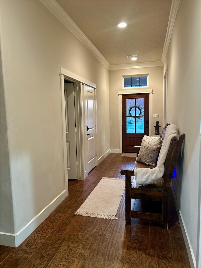 sitting room with recessed lighting, baseboards, crown molding, and dark wood-style floors