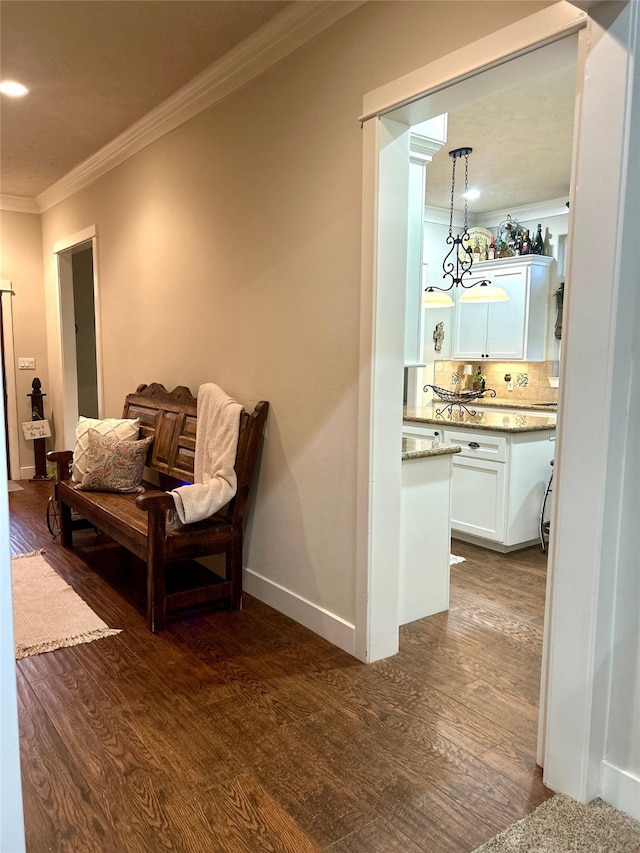 living area featuring dark wood finished floors, baseboards, and crown molding