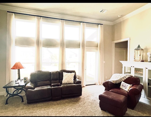 living area featuring carpet flooring, ornamental molding, and a healthy amount of sunlight