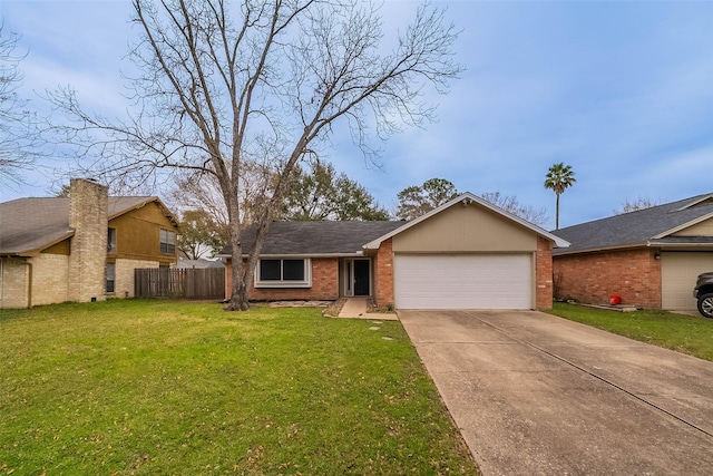 ranch-style house with a garage and a front lawn