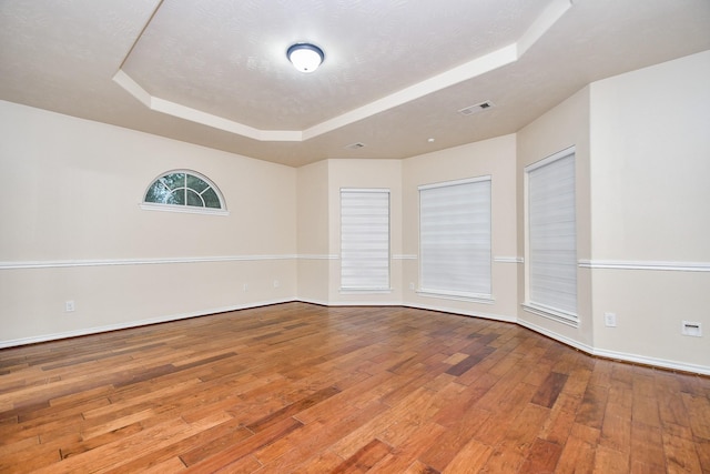 empty room featuring a tray ceiling and light hardwood / wood-style floors