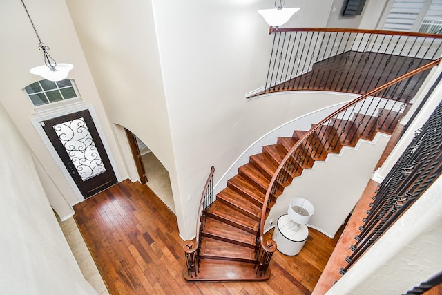 foyer entrance featuring a high ceiling and wood-type flooring