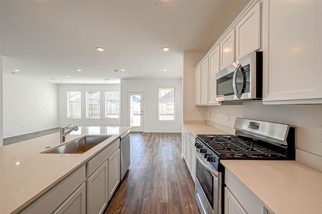 kitchen with white cabinetry, appliances with stainless steel finishes, sink, and dark hardwood / wood-style flooring