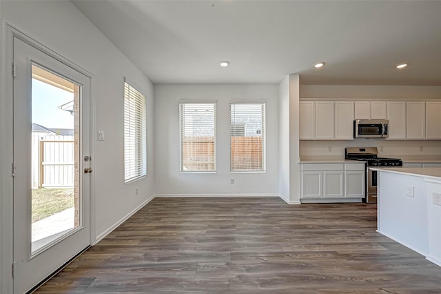 kitchen with white cabinetry, dark hardwood / wood-style floors, and appliances with stainless steel finishes