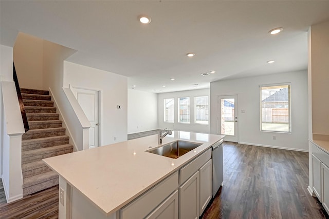 kitchen featuring a wealth of natural light, a kitchen island with sink, sink, and dark wood-type flooring