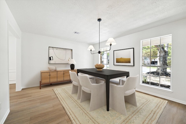 dining area featuring a textured ceiling, light hardwood / wood-style flooring, and a wealth of natural light