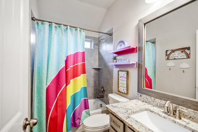 full bathroom with shower / tub combo with curtain, vanity, lofted ceiling, and toilet