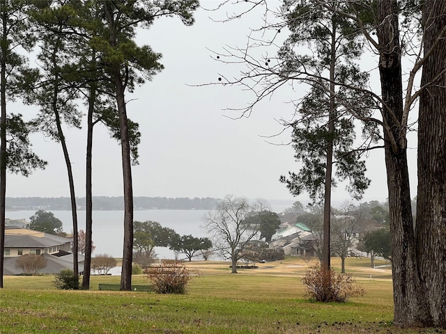 exterior space featuring a lawn and a water view