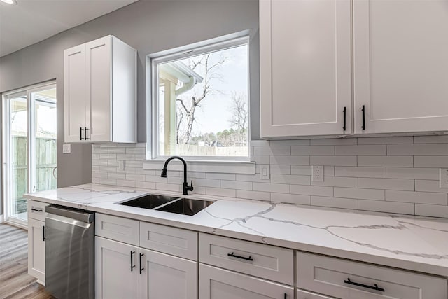 kitchen featuring white cabinetry, sink, decorative backsplash, stainless steel dishwasher, and light stone counters