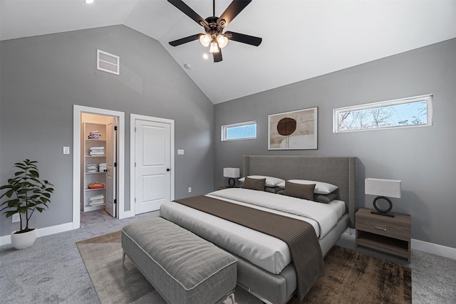 bedroom with carpet floors, high vaulted ceiling, and ceiling fan