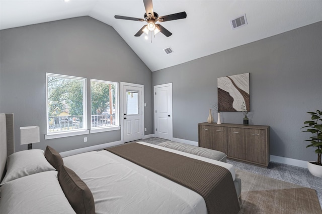 carpeted bedroom featuring ceiling fan and lofted ceiling