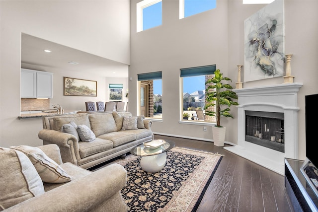 living room with dark hardwood / wood-style flooring and a high ceiling