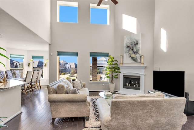 living room featuring ceiling fan, dark hardwood / wood-style flooring, a wealth of natural light, and a high ceiling