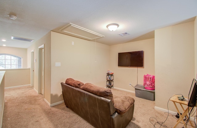 living room featuring light carpet and a textured ceiling