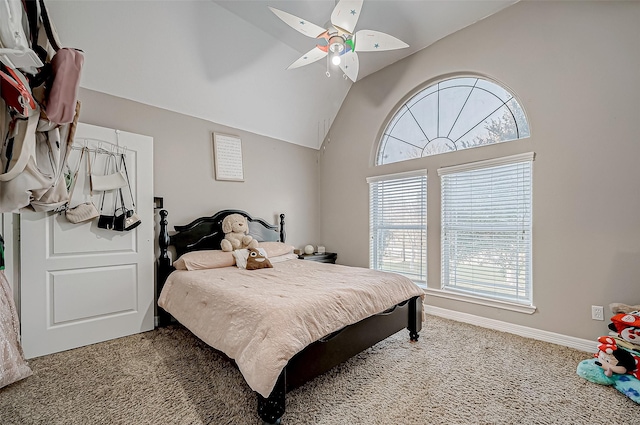 bedroom featuring ceiling fan, lofted ceiling, and carpet flooring