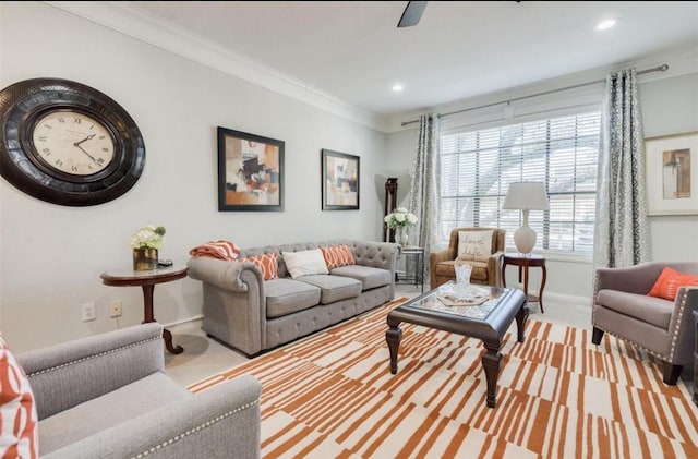 carpeted living room with ornamental molding