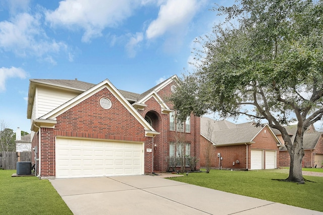 traditional home featuring brick siding, a front yard, fence, and central air condition unit