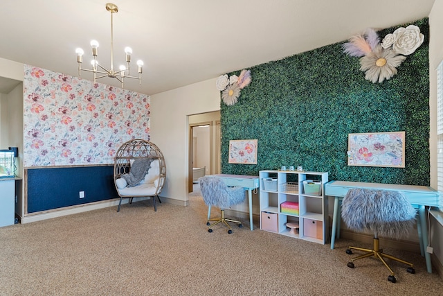 office space with carpet floors and a notable chandelier