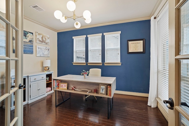 office area with french doors, crown molding, dark hardwood / wood-style flooring, and an inviting chandelier