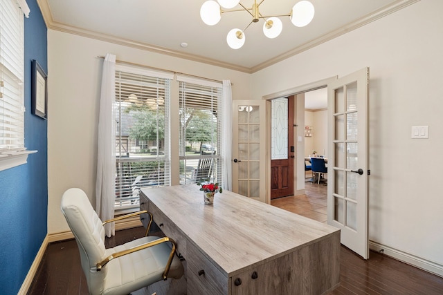 office space featuring crown molding, dark wood-type flooring, french doors, and a chandelier