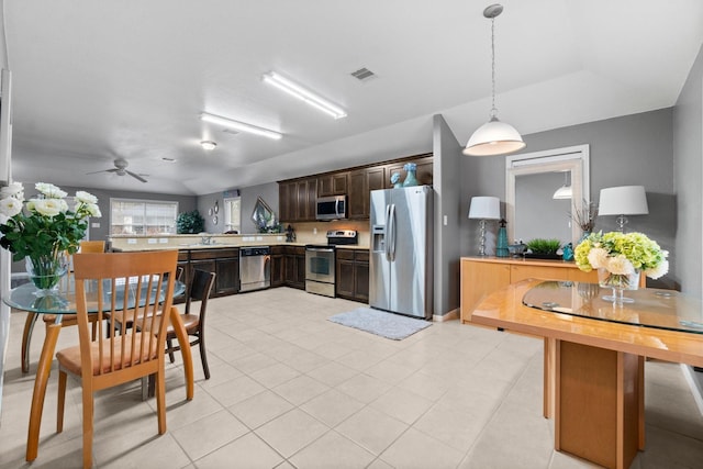 518 Lovers Ln, Dayton, TX 77535 - kitchen featuring appliances with stainless steel finishes, pendant lighting, sink, dark brown cabinetry, and kitchen peninsula