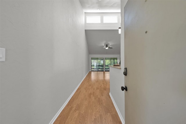 hallway featuring a towering ceiling, plenty of natural light, and light hardwood / wood-style flooring