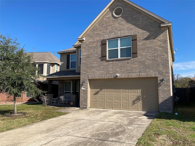 front facade featuring a porch, a garage, and a front yard