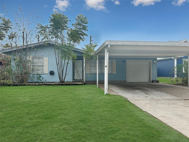 view of front facade with a carport, a garage, and a front lawn